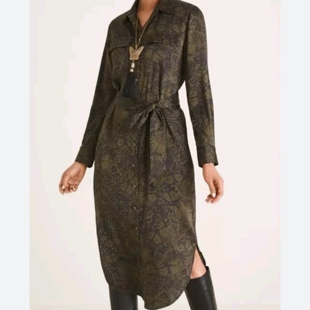 Chico's Olive Green Long-Sleeve Shirt Dress with Tie Waist Women’s Size 12
